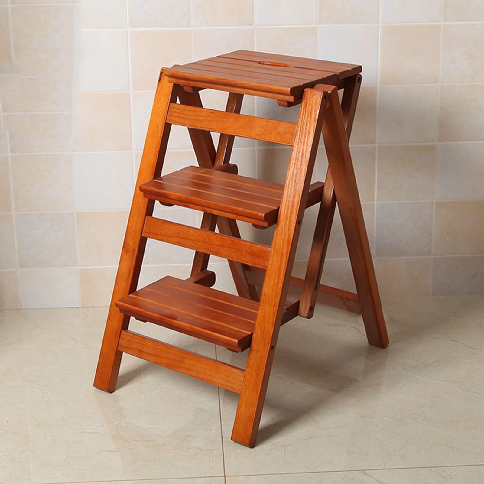 XHALERY 3-Step Folding Wooden Step Stool - Portable Ladder Stool Chair with Multi-Function Design for Kitchen, Bathroom, and Home Storage - Non-Slip Safety Step Stool for Adults & Kids