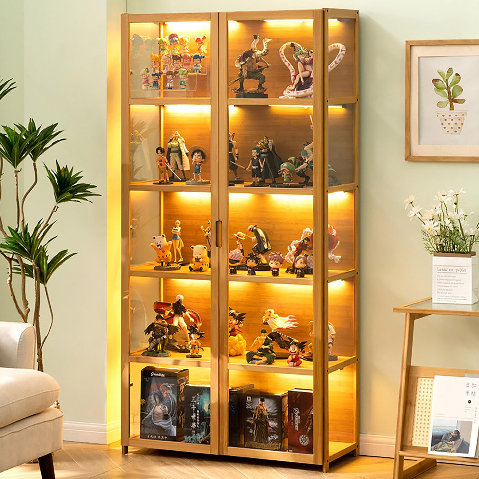 5-Tier Curio Display Cabinet with Clear Acrylic Doors - Transparent Bamboo Floor Standing Bookcase for Collectibles, Figures & Books | Perfect for Living Room, Office or Game Room Decor