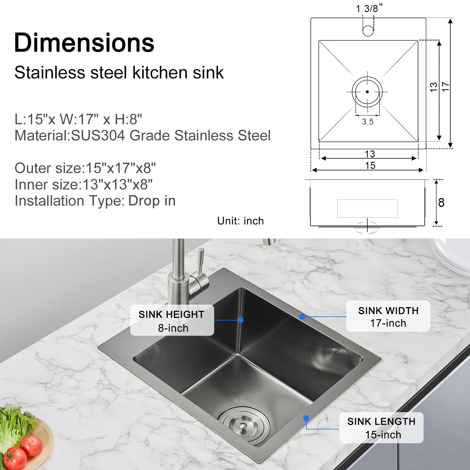 15 x 17 Inch Drop-in Kitchen Sink - 18 Gauge Stainless Steel Single Bowl with Single Faucet Hole - Topmount Bar & Prep Sink (Black) - Perfect for Small Kitchens, RV Campers & Food Prep Stations