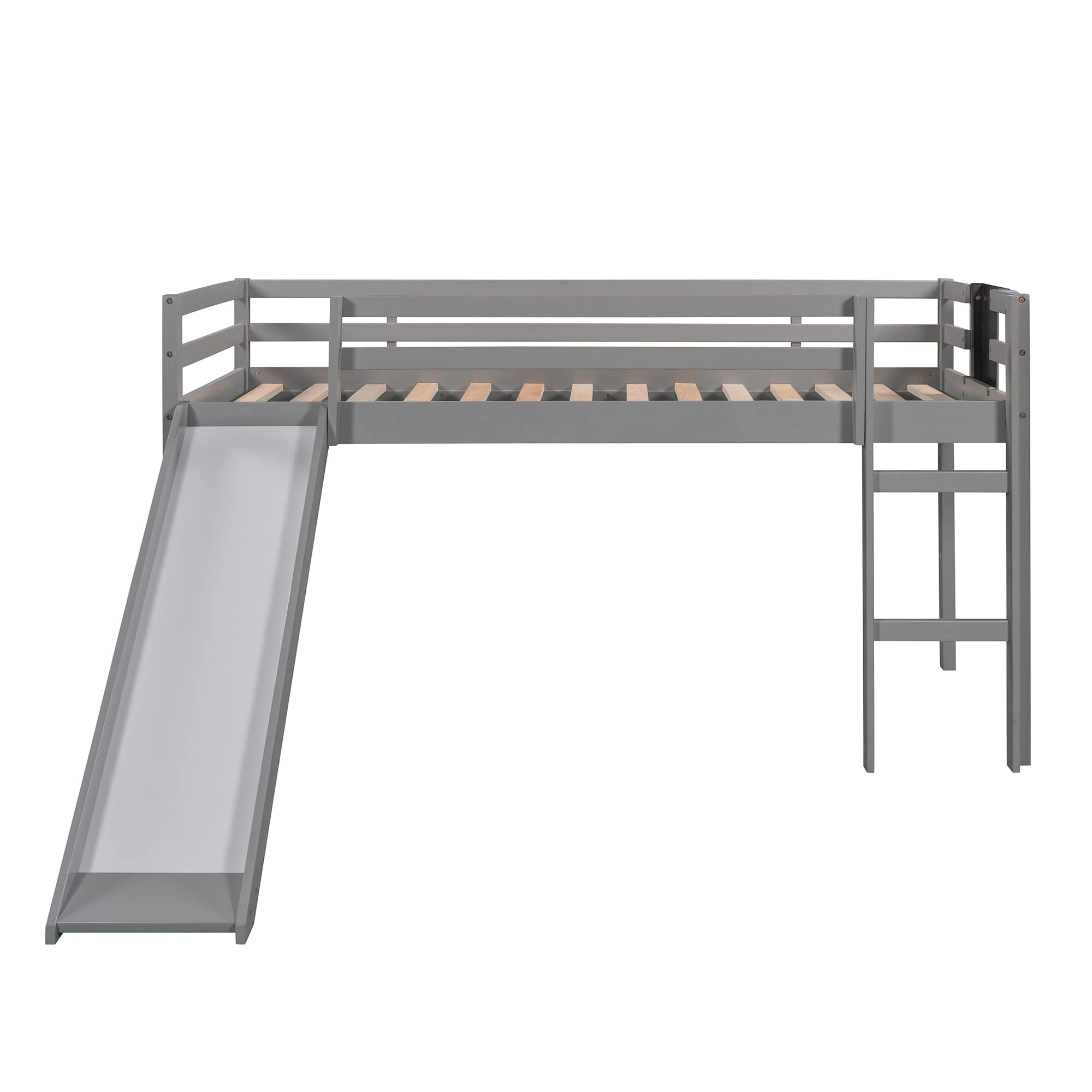 LostCat Twin Loft Bed with Slide & Ladder - Low Height Wooden Loft Bed for Kids (Girls/Boys) - Safety Guardrail Included - No Box Spring Needed - Grey - Perfect for Small Bedrooms, Playrooms & Dorm Rooms