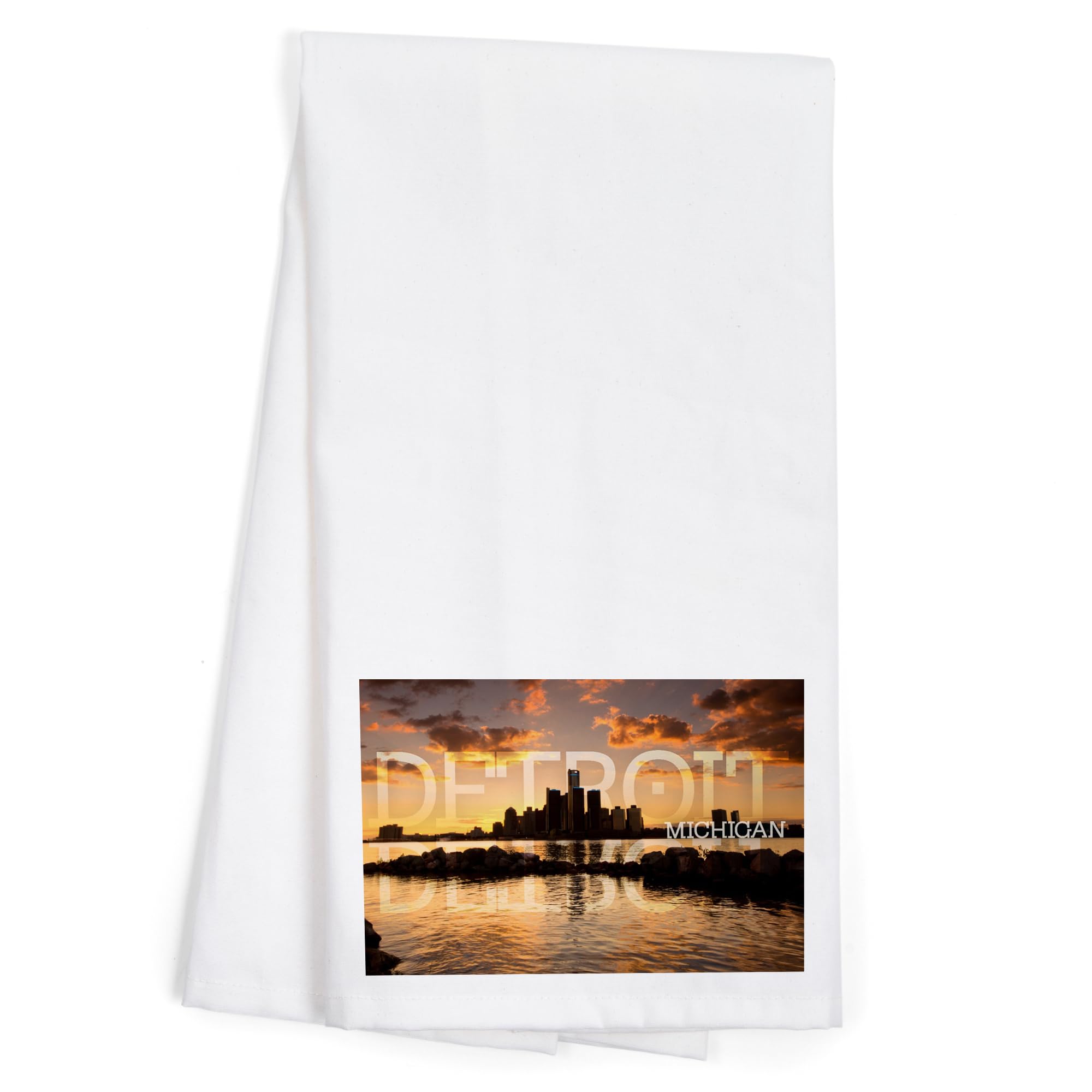 Lantern Press Detroit Michigan Orange Sky Skyline 100% Cotton Tea Towel - Decorative Hand Towel for Kitchen, Home Decor & Gifts - Perfect for Dish Drying, Wall Art & Housewarming Presents