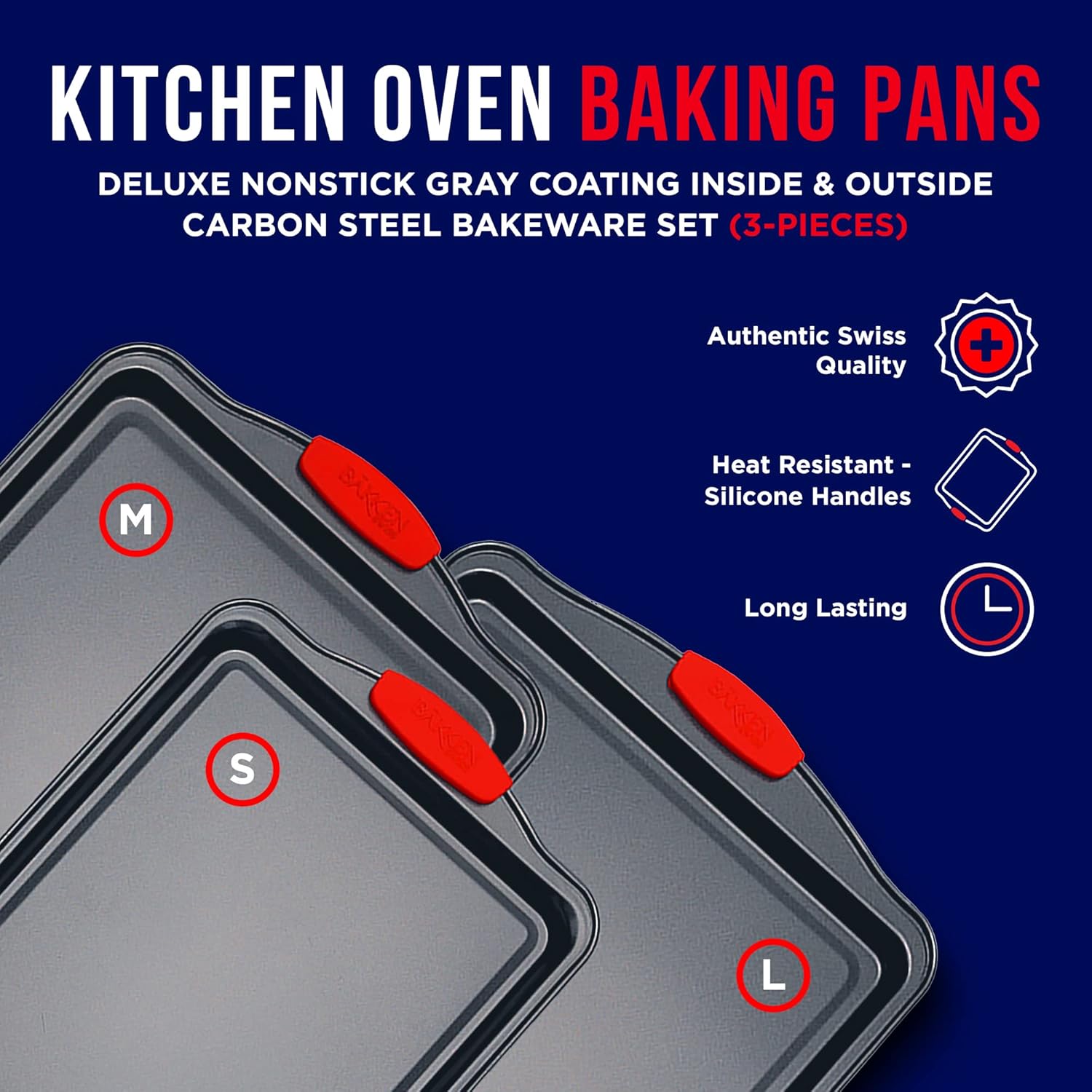 3-Piece Non-Stick Carbon Steel Cookie Sheet Baking Pan Set with Silicone Handles | Perfect for Cookies, Pastries & Sheet Cakes | Oven & Freezer Safe | SKU: 2205241