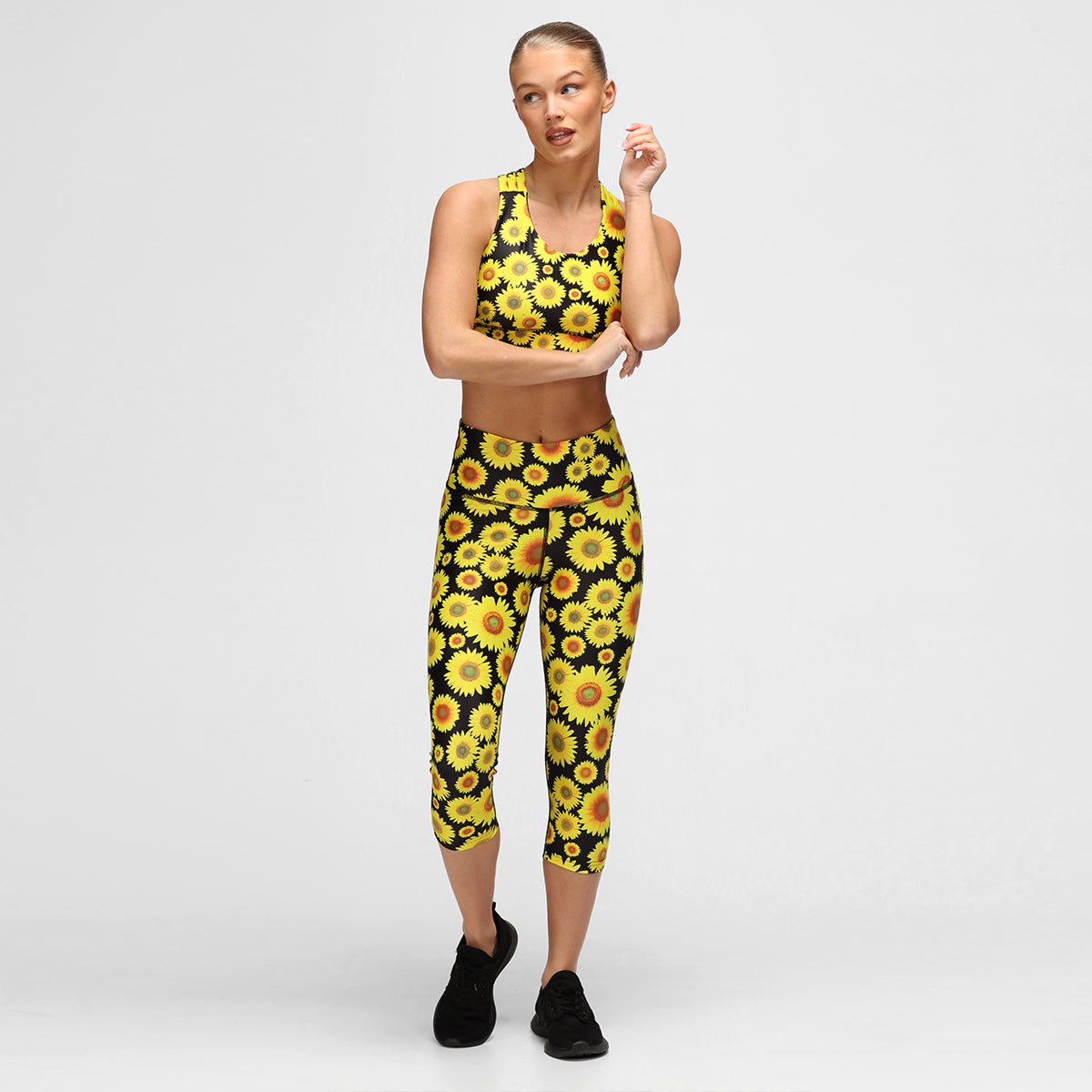 Sunflower Print Capri Pants for Women - Floral Summer Yoga Pants with Pockets - Perfect for Yoga, Running, Travel & Casual Wear