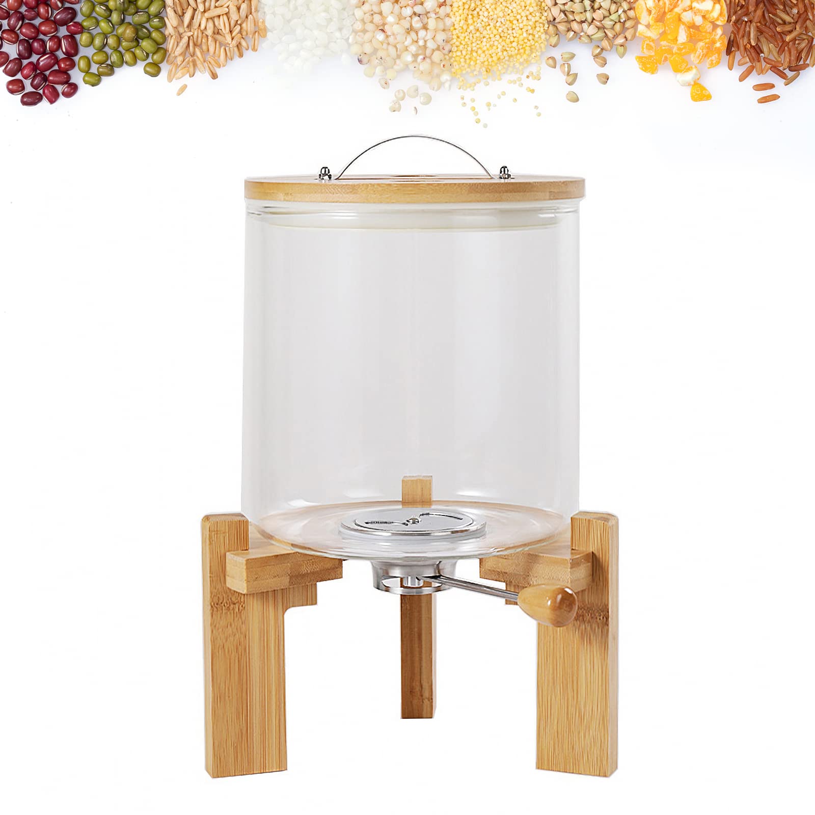 YIDWED 5L Large Airtight Rice Dispenser with Thermometer & Wooden Stand - Cereal Storage Container with Measuring Cup for Kitchen Organization & Pantry Storage - Perfect for Flour, Sugar, Pasta & Bulk Food Storage