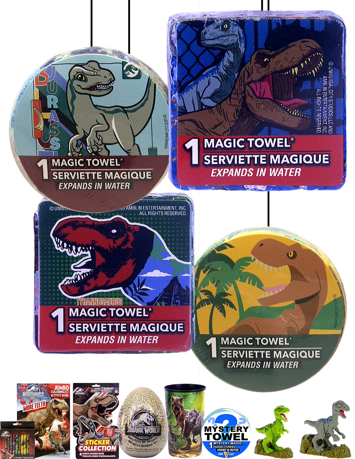 DSE Limited Edition 12-Piece Deluxe Jurassic World Magic Towels Collection - Fun Dinosaur Themed Expanding Washcloths for Kids Bath Time, Pool Party & Outdoor Adventures