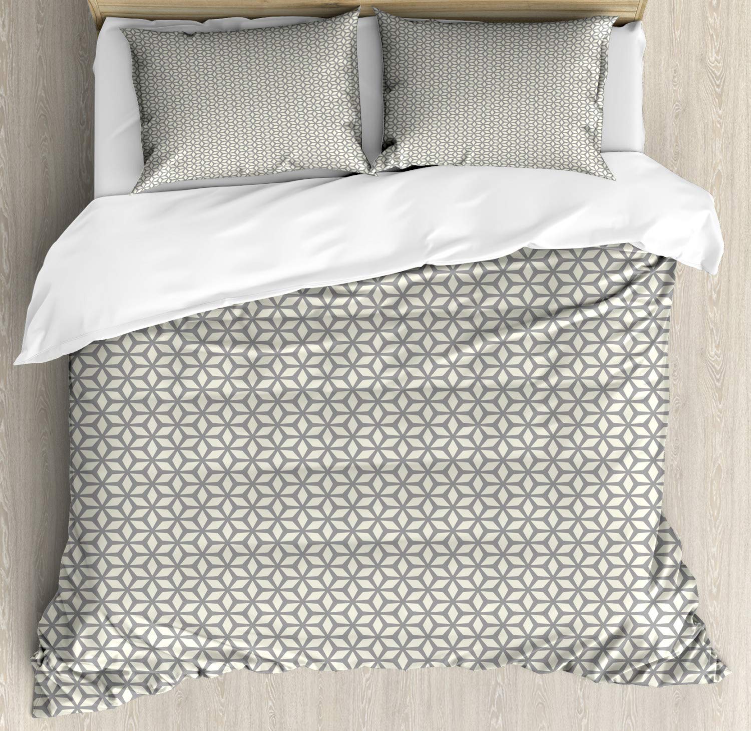 Ambesonne Geometric Duvet Cover Set - Queen Size 2-Pack with Star Pattern Rhombus Design, Contemporary Grey & Ivory Bedding Includes 2 Duvet Covers & 4 Pillowcases | Perfect for Modern Bedroom Decor, Guest Room Makeover, and Stylish Home Staging