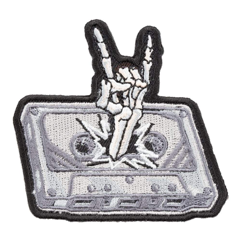 PatchStop Mixtape Skeleton Hand Horn Iron On & Sew On Patches for Clothing, Jeans, Jackets & Bags - 3x2.75in Small Embroidered Decorative Music Patches for DIY Punk, Gothic & Rock Style Outfits