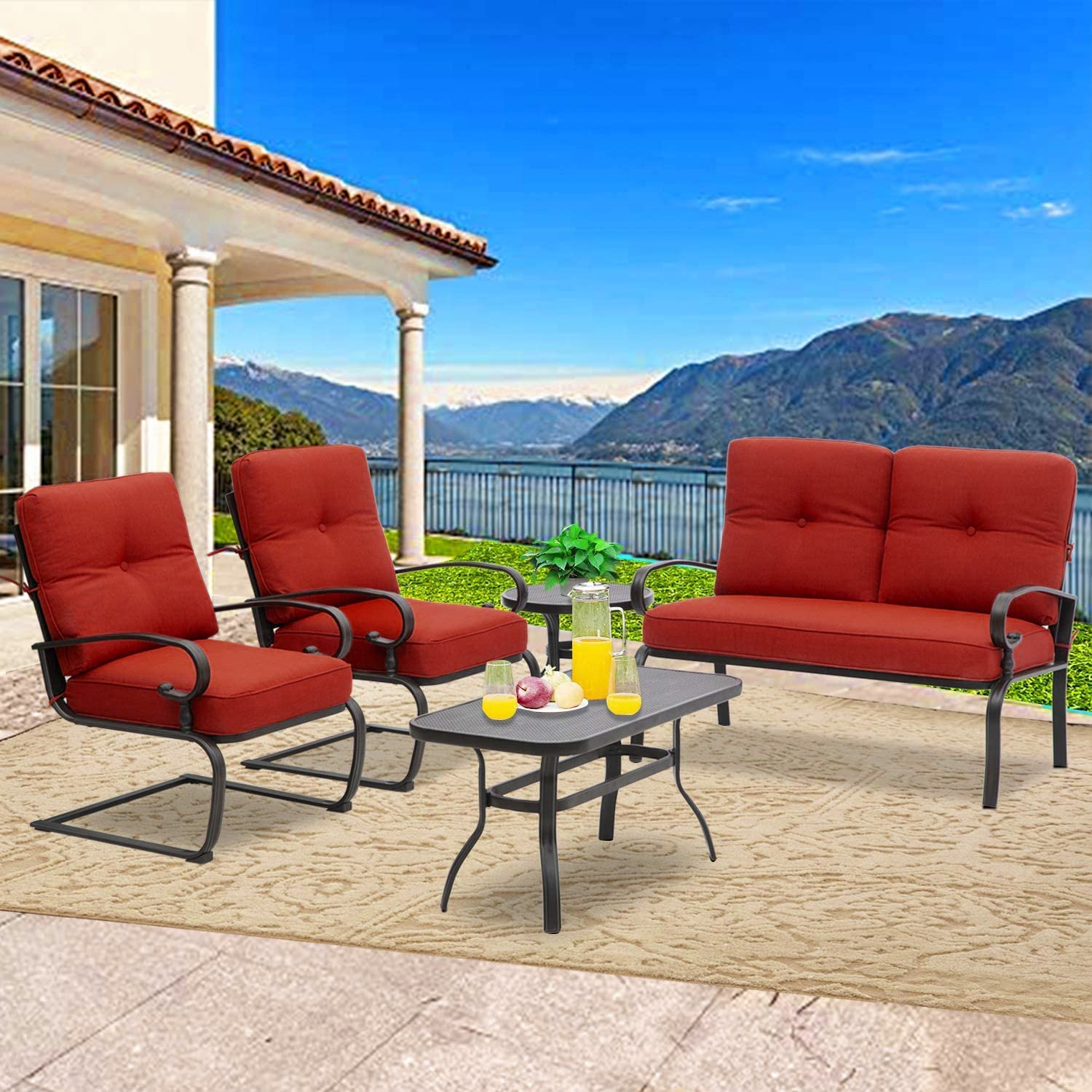 Incbruce 5-Piece Wrought Iron Patio Furniture Set - Outdoor Metal Conversation Set with Loveseat, Coffee Table, Bistro Table & 2 Spring Chairs (Includes Cushions, Red) - Perfect for Garden, Backyard, Poolside & Patio Relaxation