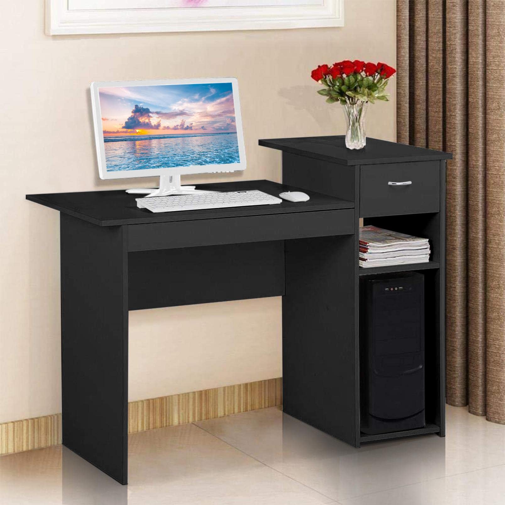 TANGNADE Black Writing Desk with Drawers - Modern Computer Office Desk for Small Spaces, Compact Home Study Desk with Storage Drawers | Perfect for Home Office, Dorm Room & Workspace Organization