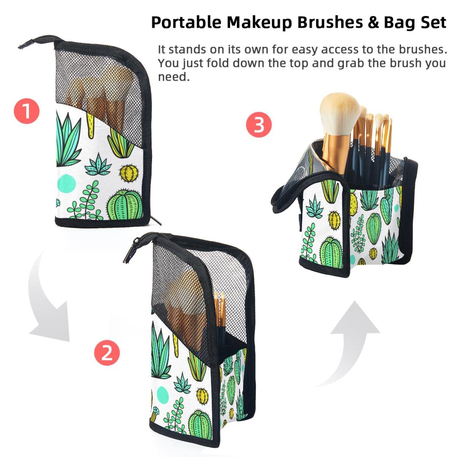 12-Piece Watercolor Tropical Cactus Makeup Brush Organizer Set - Portable Cosmetic Brush Holder Case for Travel & Home Storage