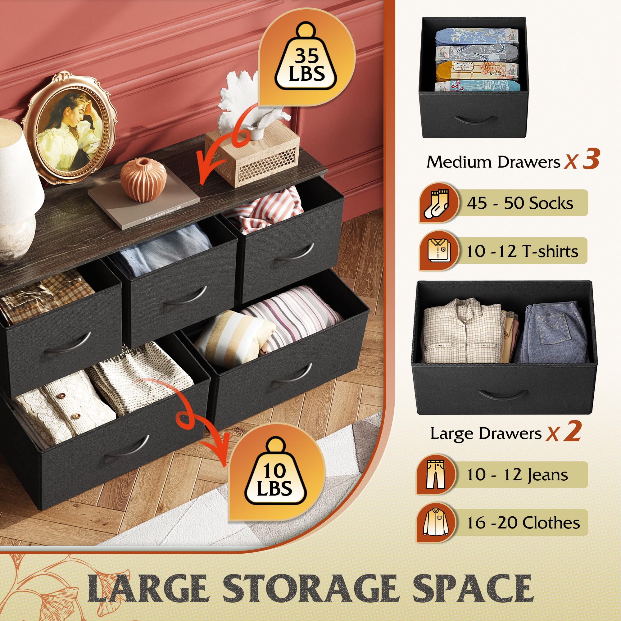 WLIVE 5-Drawer Fabric Dresser for Bedroom - Wide Storage Organizer with Fabric Bins for Clothes, Toys & Home Organization - Perfect for Closet, Living Room & Hallway - Charcoal Black
