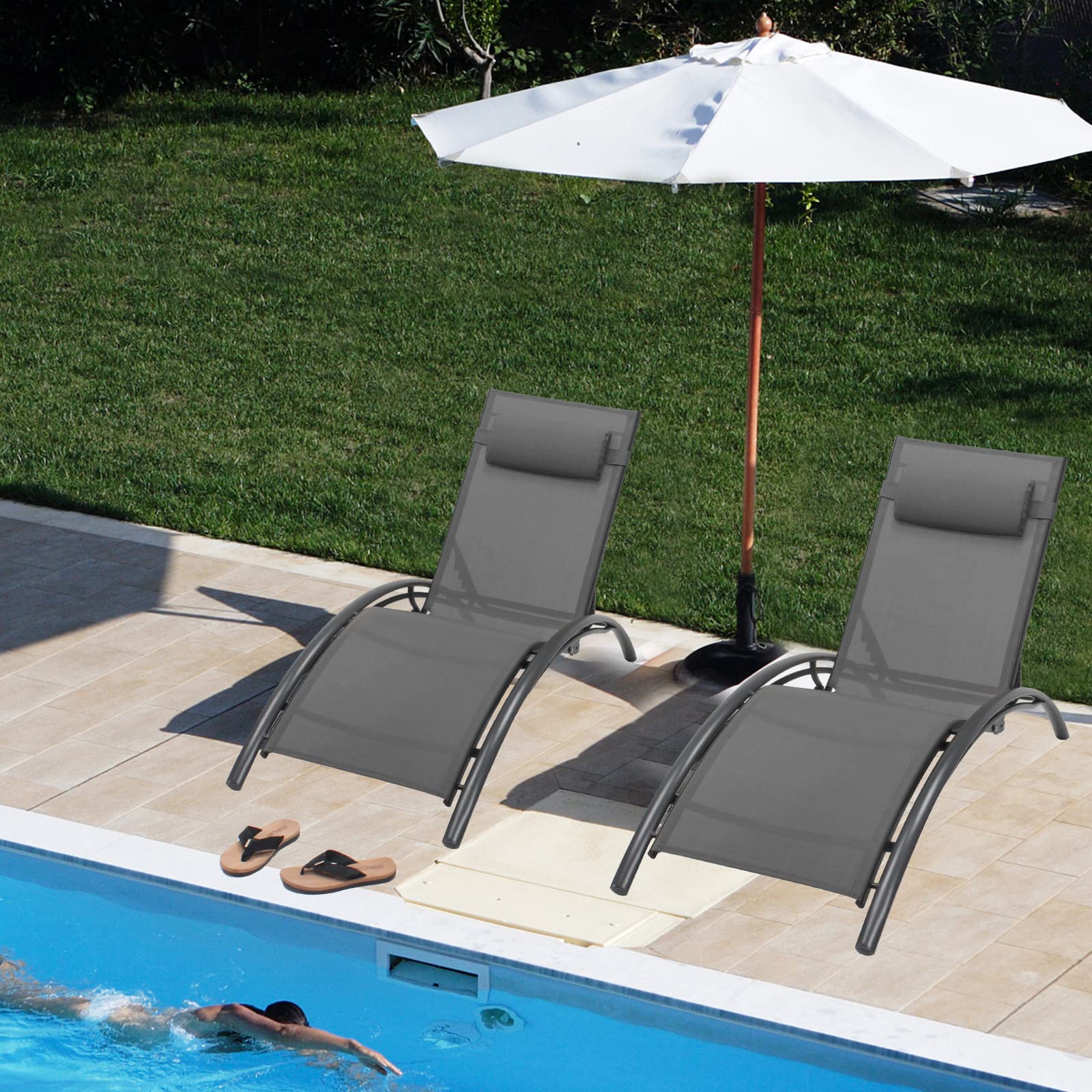 Outdoor Patio Chaise Lounge Chairs Set of 2 - Adjustable Backrest with 5 Positions & Headrest - Waterproof Poolside, Backyard, Balcony Furniture for Relaxing (Grey) - Perfect for Sunbathing, Lounging by the Pool or Garden Relaxation