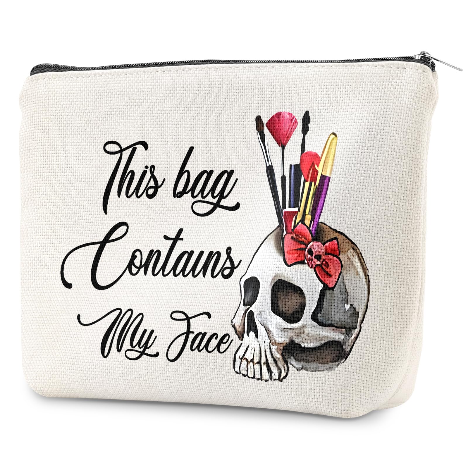 Funny Skull Cosmetic Makeup Bag - Halloween Gifts for Women, Best Friend & Sister Birthday Presents - 'This Bag Contains My Face' Zipper Toiletry Pouch - Perfect for Travel, Parties & Daily Use