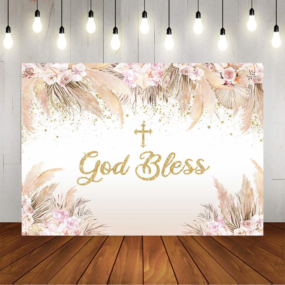God Bless Backdrop for Girls First Communion, Baptism, Christening Party Decor – Vinyl Boho Chic Pink Flowers Photography Background (7x5ft) | Perfect for Newborn Baby Showers, Photo Booths & Religious Celebrations
