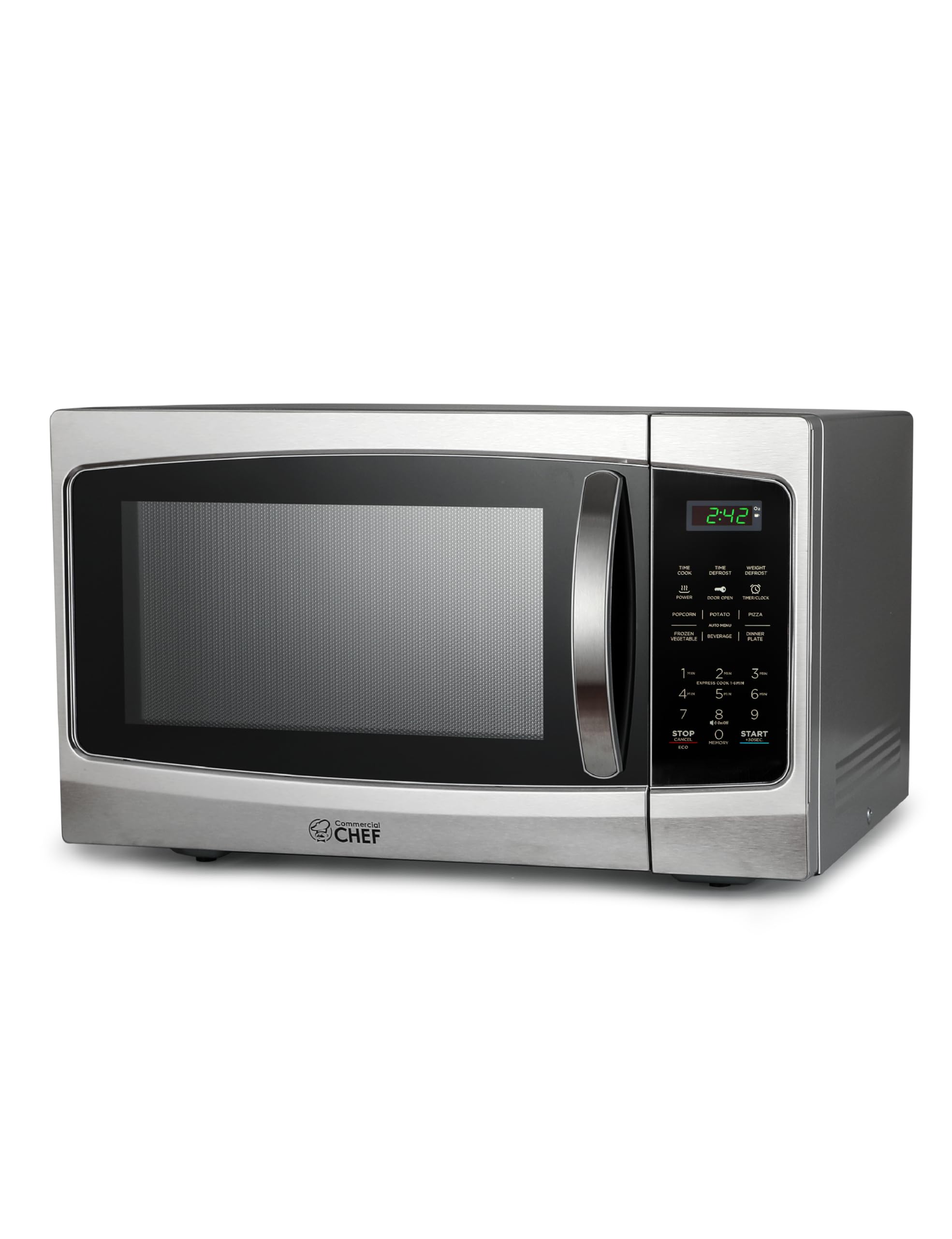 Commercial Chef 1.3 Cu Ft 1000W Stainless Steel Countertop Microwave with 10 Power Levels, Pull Handle Door Lock, Digital Controls & Timer - Perfect for Home Kitchen, Office Breakroom or Dorm Room