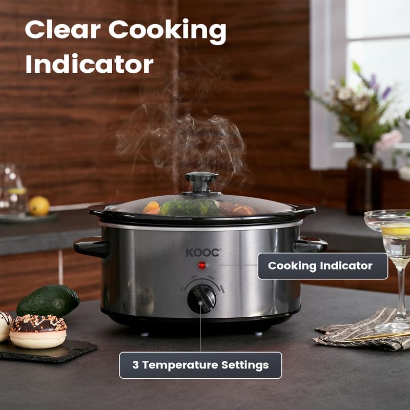 KOOC 4 Quart Slow Cooker with Free Liners - 3 Temperature Settings, Dishwasher Safe Stainless Steel Crock Pot (Grey, Ellipse Shape) - Perfect for Family Dinners, Meal Prep & Party Cooking