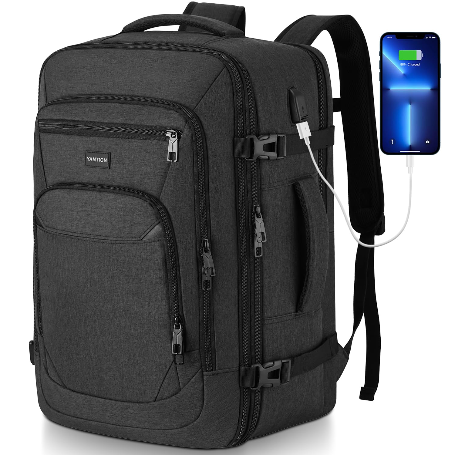 YAMTION 42L Expandable Carry-On Backpack - Extra Large Travel Backpack for Airplane, College, Business & University | USB Charging Port | Weekender Bookbag for Adults | Perfect for Commuting, Weekend Trips & Business Travel