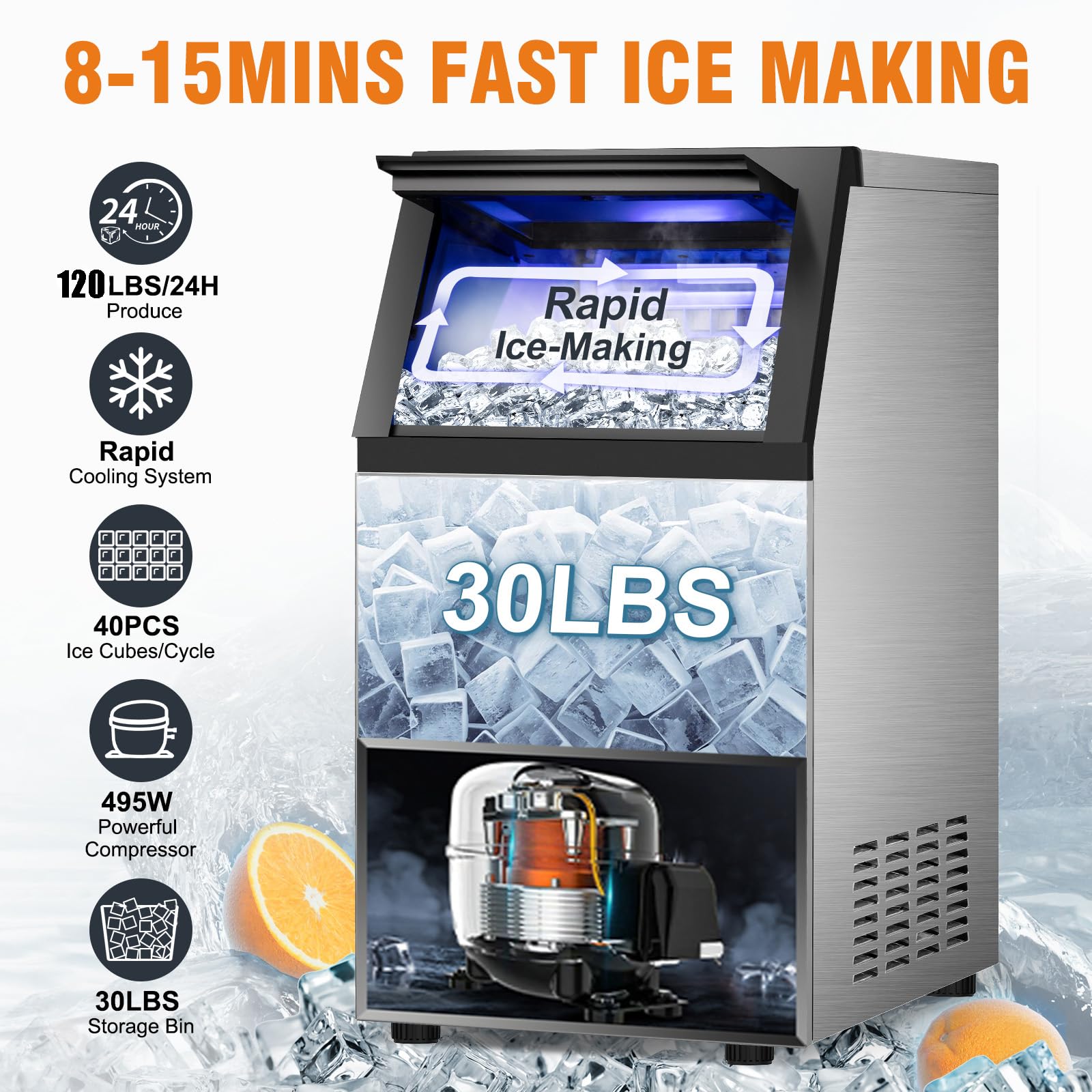 Commercial Ice Maker Machine 120Lbs/24H with 30Lbs Storage Bin - 40 Ice Cubes in 6 Minutes - 2-Way Water Supply Under Counter Freestanding Ice Machine for Home Bar, Office, Restaurant, and Commercial Use - Perfect for Cocktails, Beverages, and Large Gatherings