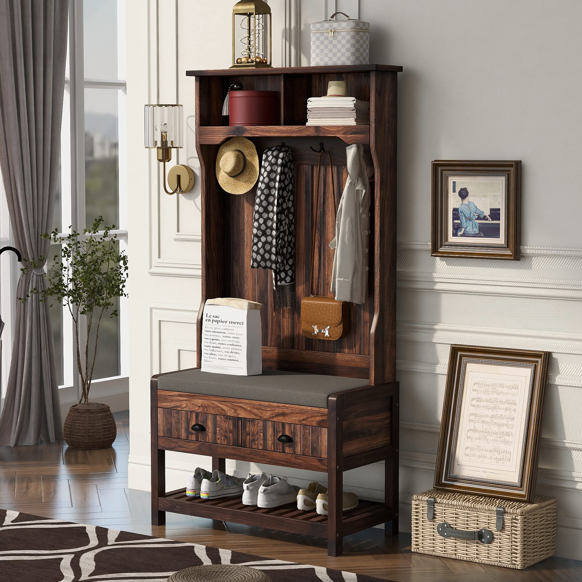 4-in-1 Multifunctional Entryway Hall Tree with Upholstered Shoe Storage Bench, Coat Rack (4 Hooks), Hinged Lid & Bottom Shelf Cabinet - Perfect for Foyer, Mudroom or Small Space Organization - Tiger Pattern Design