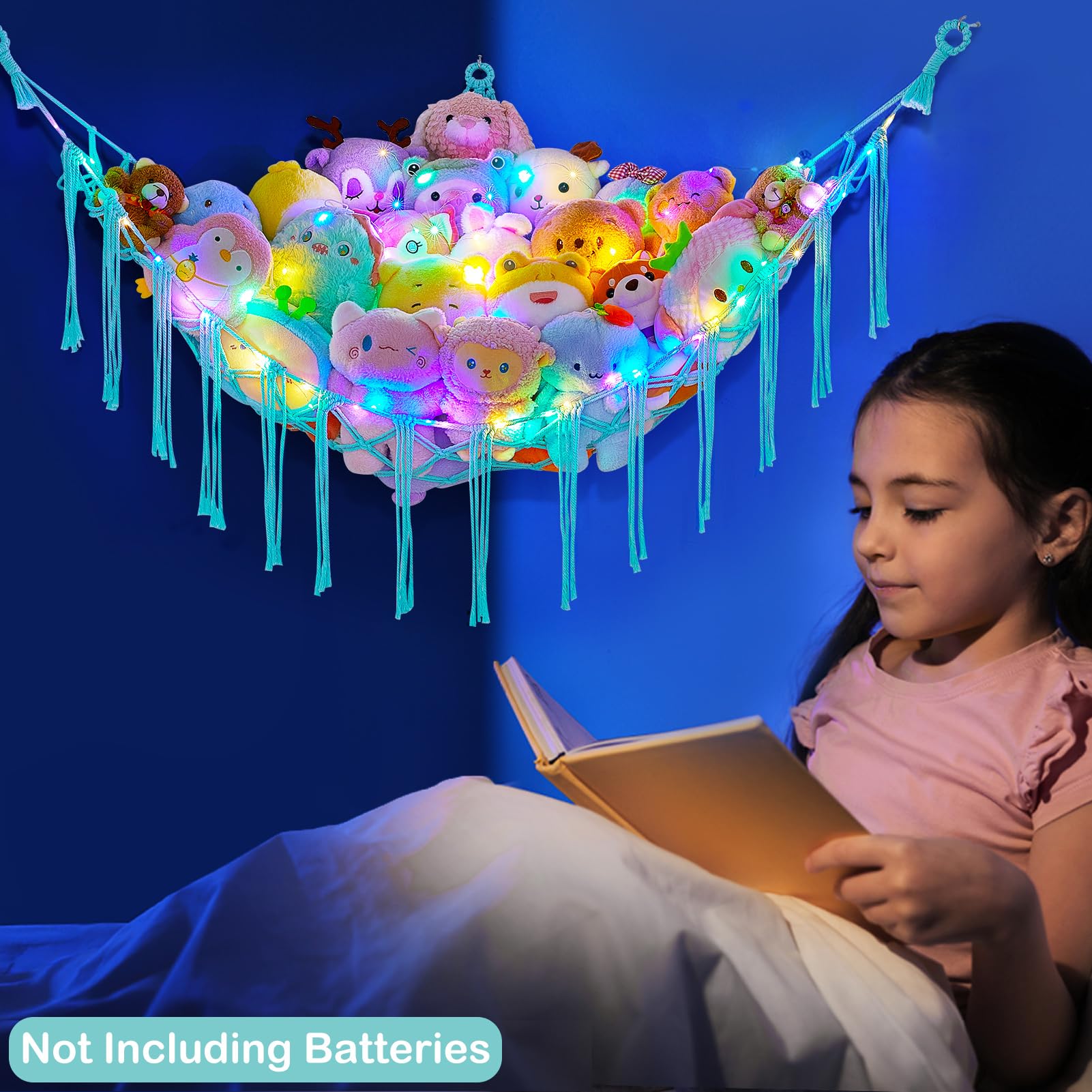 **Basumee LED Stuffed Animal Hammock - Light Aqua Green Wall-Mounted Toy Storage Net for Kids Room Decor & Organization - Perfect for Bedroom, Nursery, or Playroom**