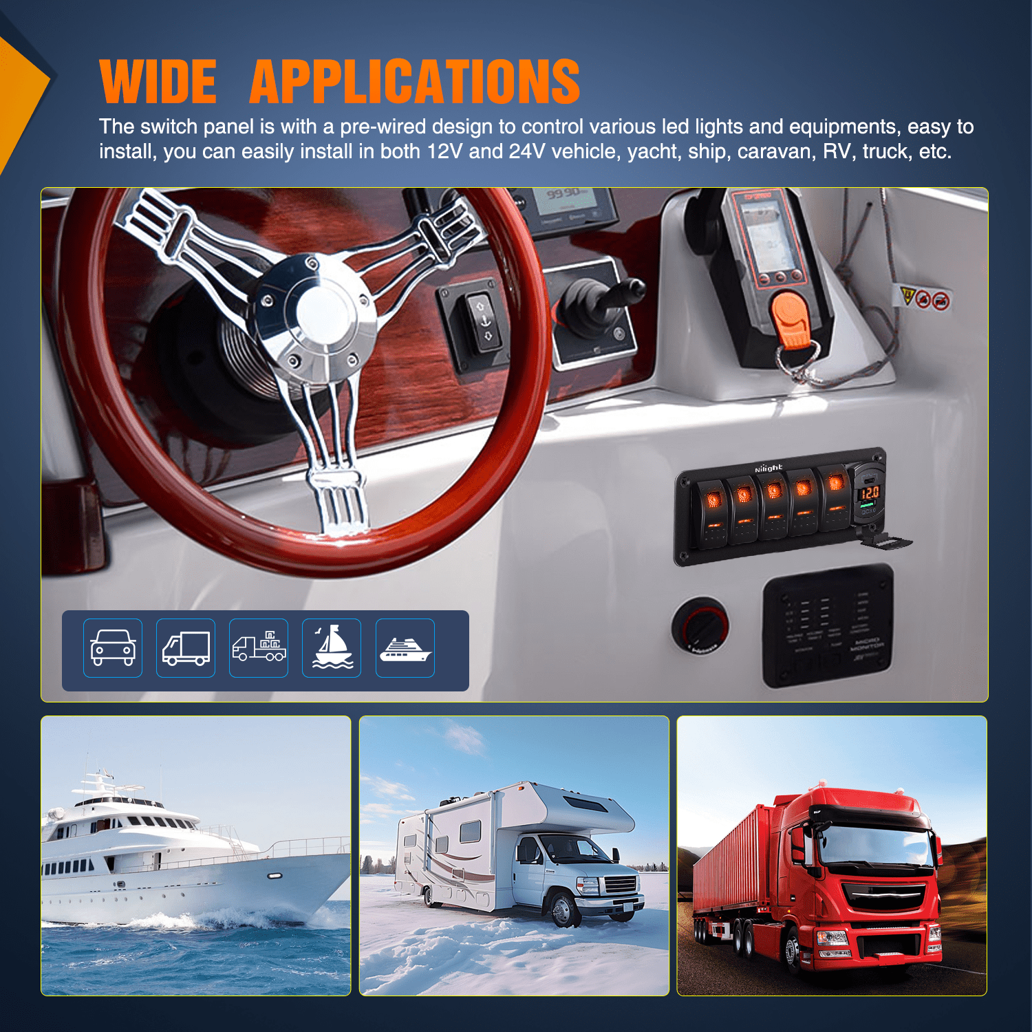 5 Gang Switch Panel with QC3.0 & PD Fast Charger, Voltage Meter & Orange Backlit - Perfect for Marine, RV, Truck & Off-Road Vehicle Dashboards