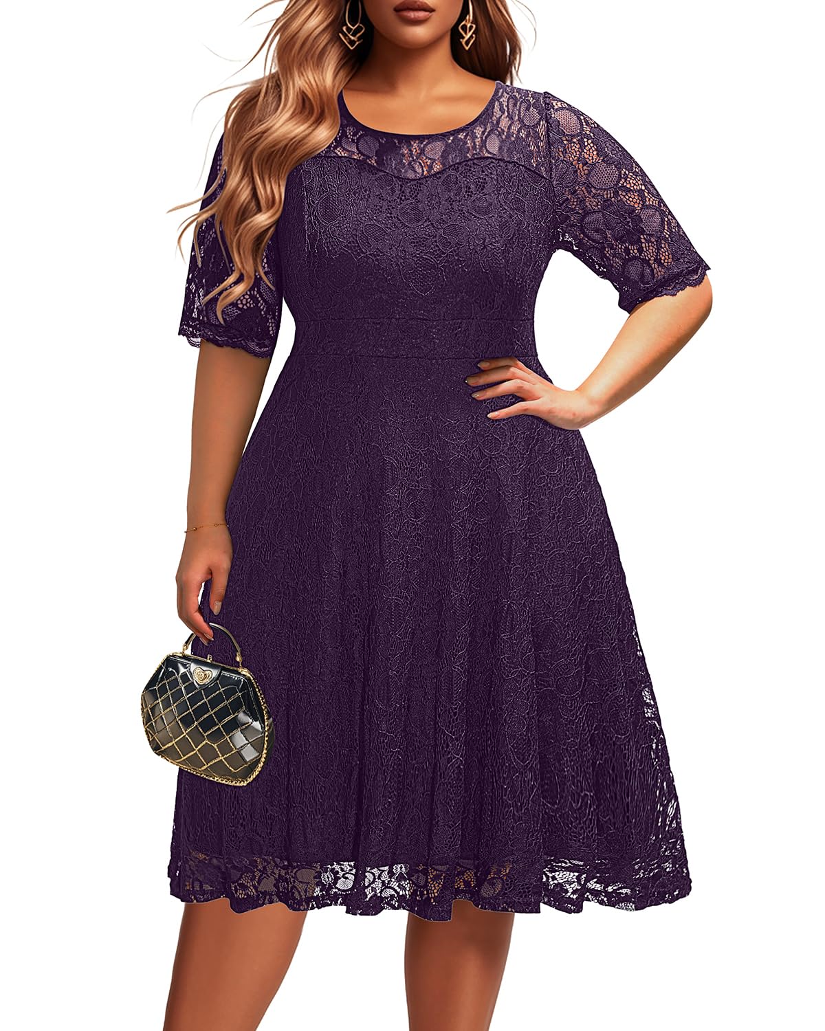 Elegant Plus Size Women's Lace V-Neck Midi Dress for Wedding Guest, Bridal Shower & Cocktail Party | Semi-Formal Occasion Wear | Perfect for Special Events & Evening Gatherings