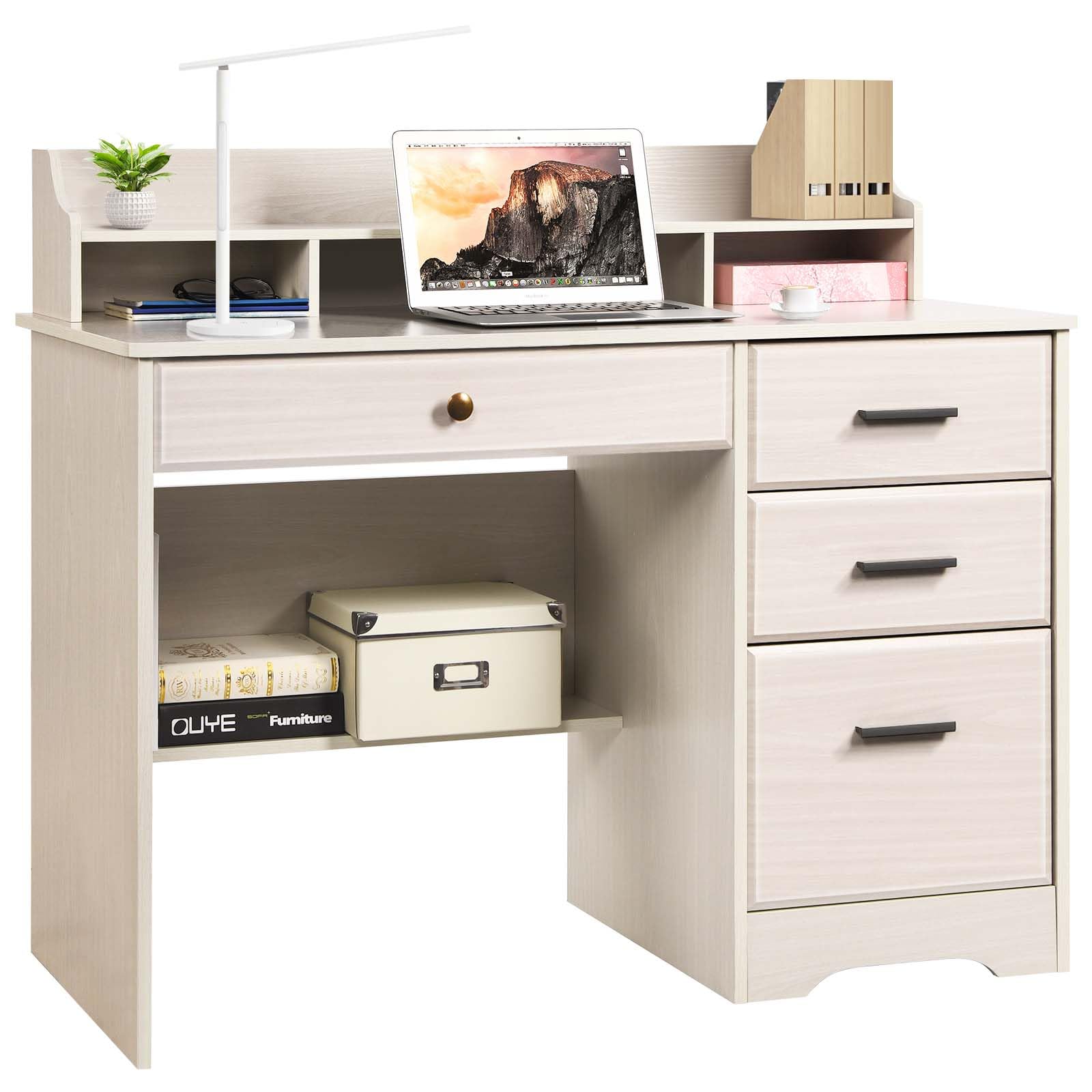 Farmhouse Style Computer Desk with Drawers & Hutch - Solid Wood Writing Desk for Home Office, Study & Small Spaces - Includes File Storage - Perfect for Bedroom, Dorm or Workspace (Milky White)