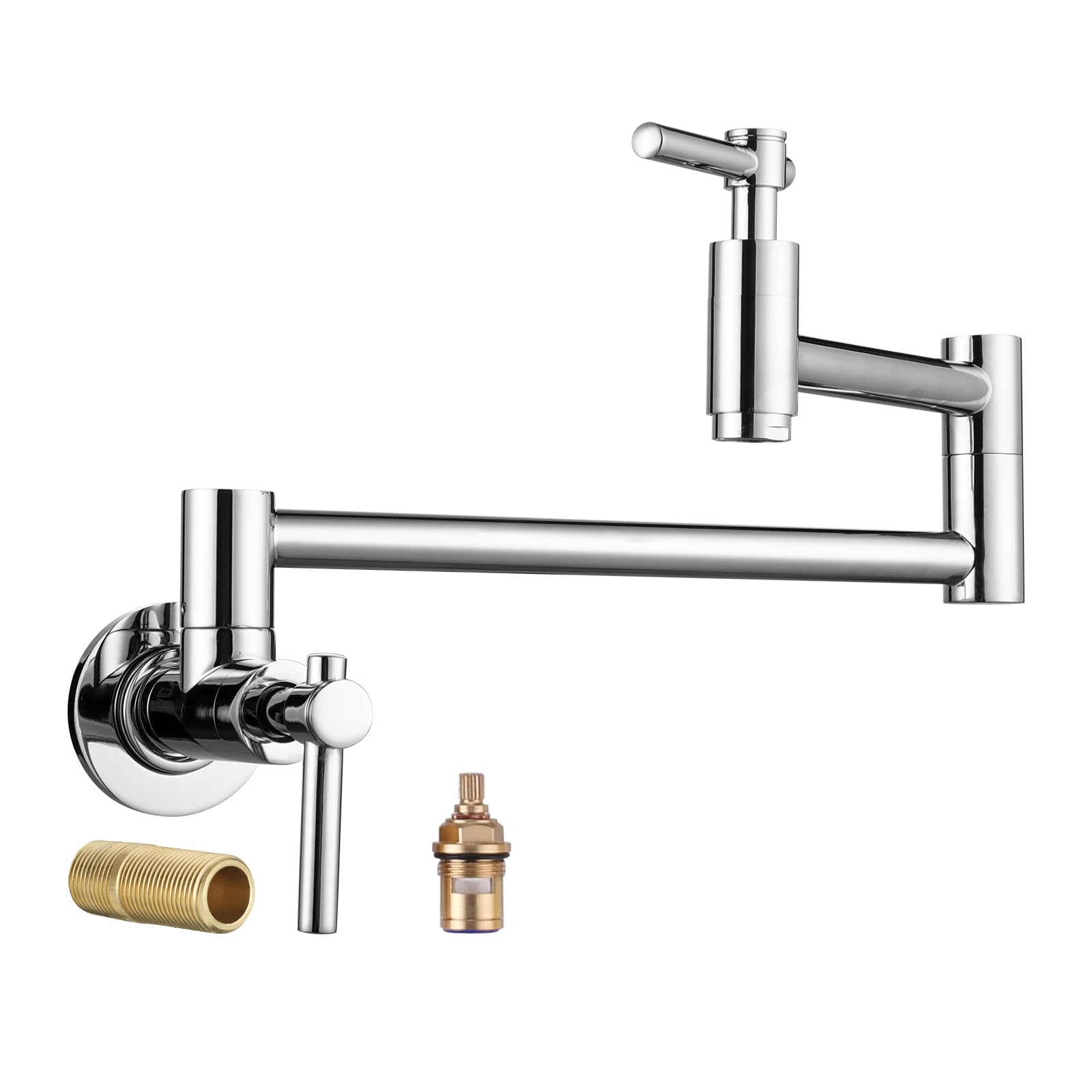 Solid Copper Chrome Wall Mount Pot Filler Faucet - Single Hole Folding Kitchen Faucet with Double Joint Swing Arm for Over Stove Installation | Perfect for Filling Pots, Pans & Large Containers While Cooking
