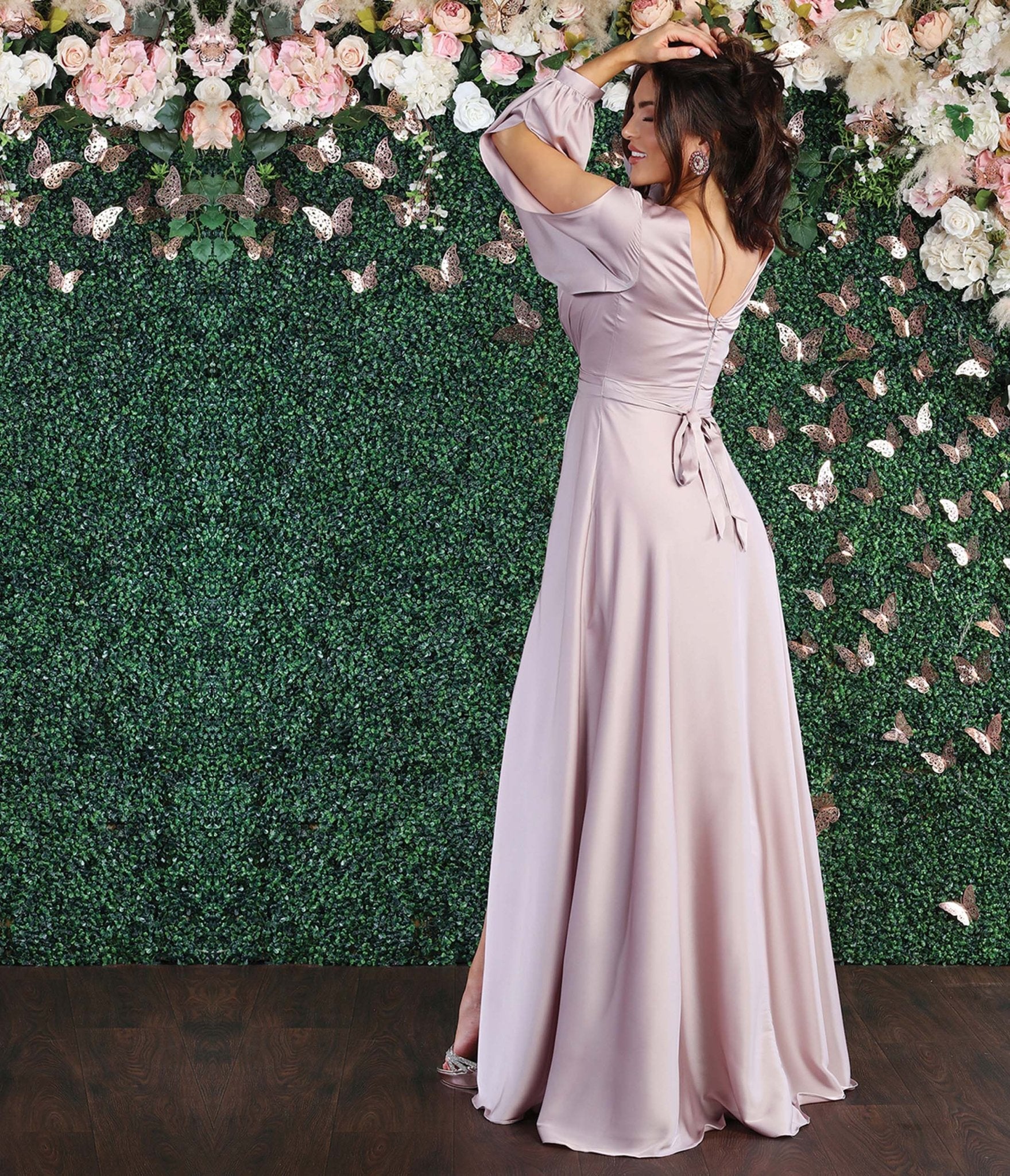 Elegant Mauve Satin Long Sleeve Maxi Dress for Women - Formal Evening Gown for Weddings, Prom, and Special Occasions
