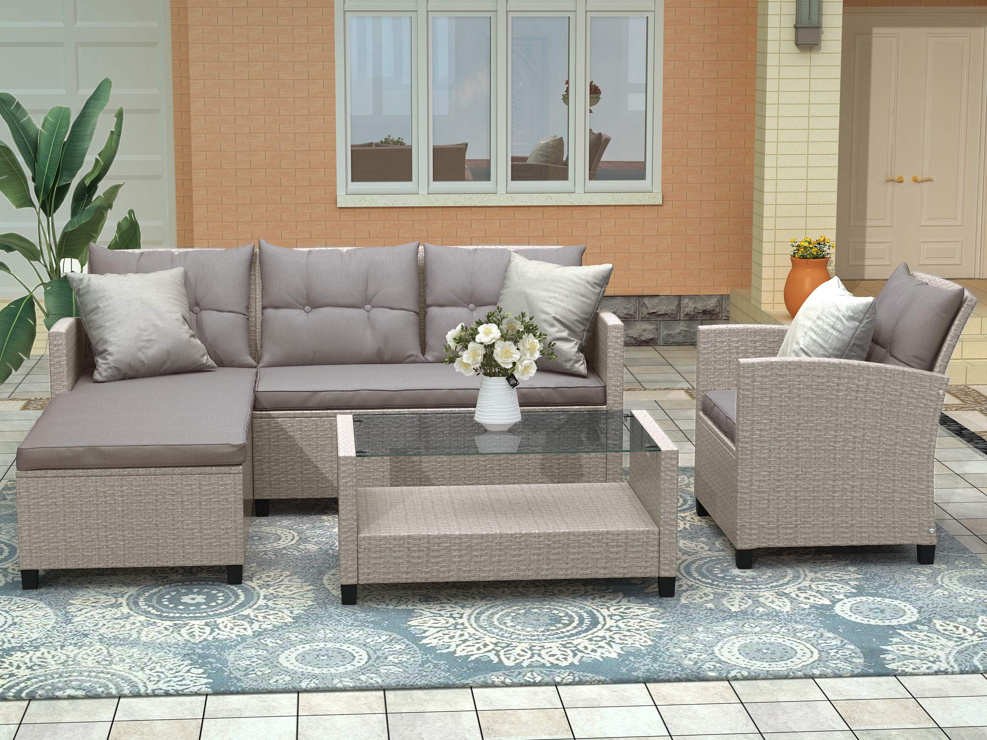 4-Piece Wicker Rattan Sectional Sofa Set with Seat Cushions & Coffee Table - Patio Furniture for Outdoor, Garden, Living Room - Beige Brown - Perfect for Backyard Relaxation, Poolside Lounging, and Indoor Comfort