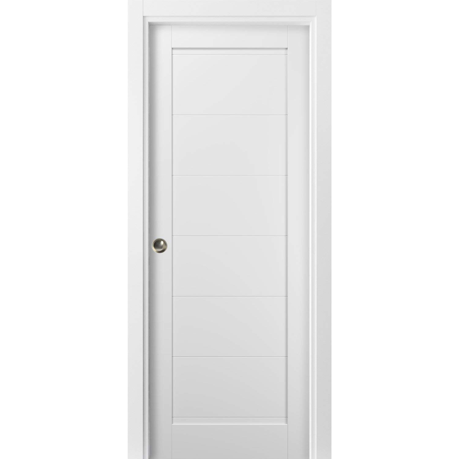 SARTODOORS 30x96 Inches Panel Pocket Door Kit with Frames - Quadro 4115 White Silk Finish | Solid Wood Interior Sliding Door | Complete Hardware & Trims Rail Included | Perfect for Pantry, Kitchen, Bedroom & Closet Doors
