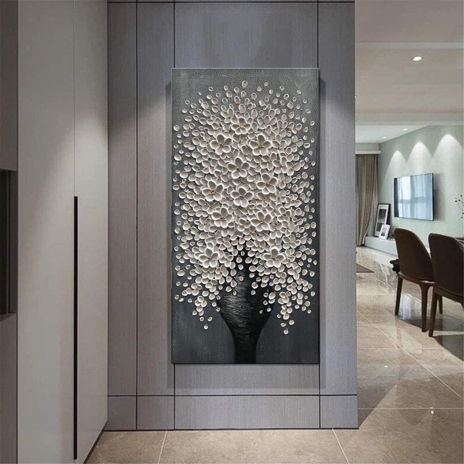 Alenoss 100% Hand Painted Floral Oil Painting - 24x48 Inch White Abstract Flower Canvas Wall Art - 3D Vertical Wall Decor for Dining Room, Hallway & Living Room - Perfect for Home Decor & Office Wall Art