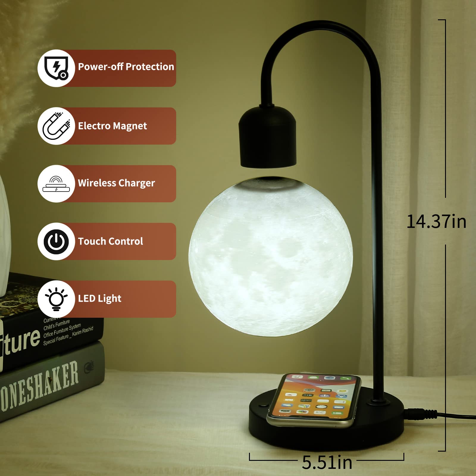 Wireless Charging Floating Moon Lamp with LED Levitating Ball - Magnetic Cloud Desk Night Light for Home, Office Decor, Gift for Friends & Family | Perfect for Bedroom, Living Room, and Relaxation Spaces