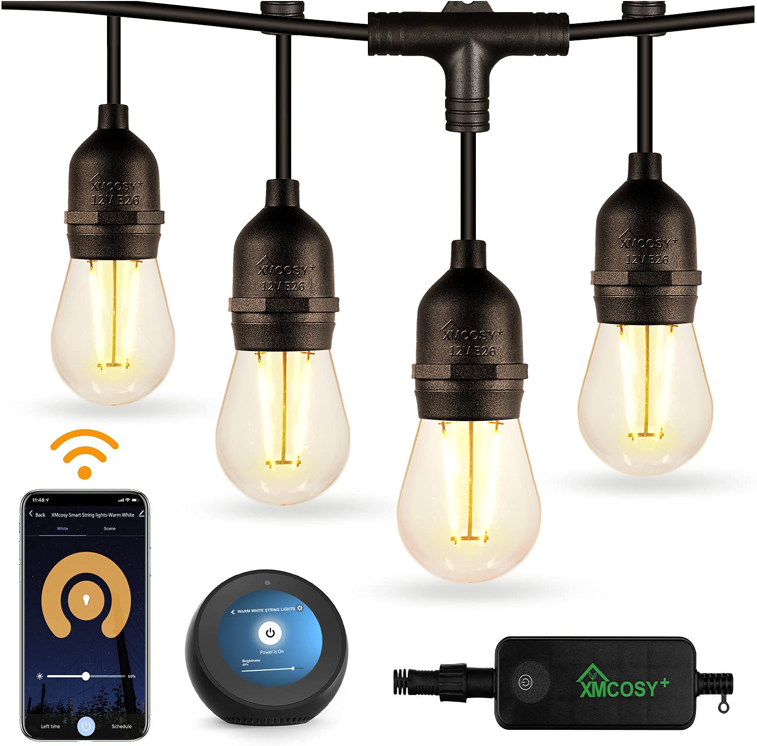 Smart WiFi Outdoor String Lights 49Ft - APP & Alexa Control, 15 LED Edison Bulbs, Waterproof & Dimmable Patio Lights for Garden, Backyard, Porch, Party & Wedding Decor