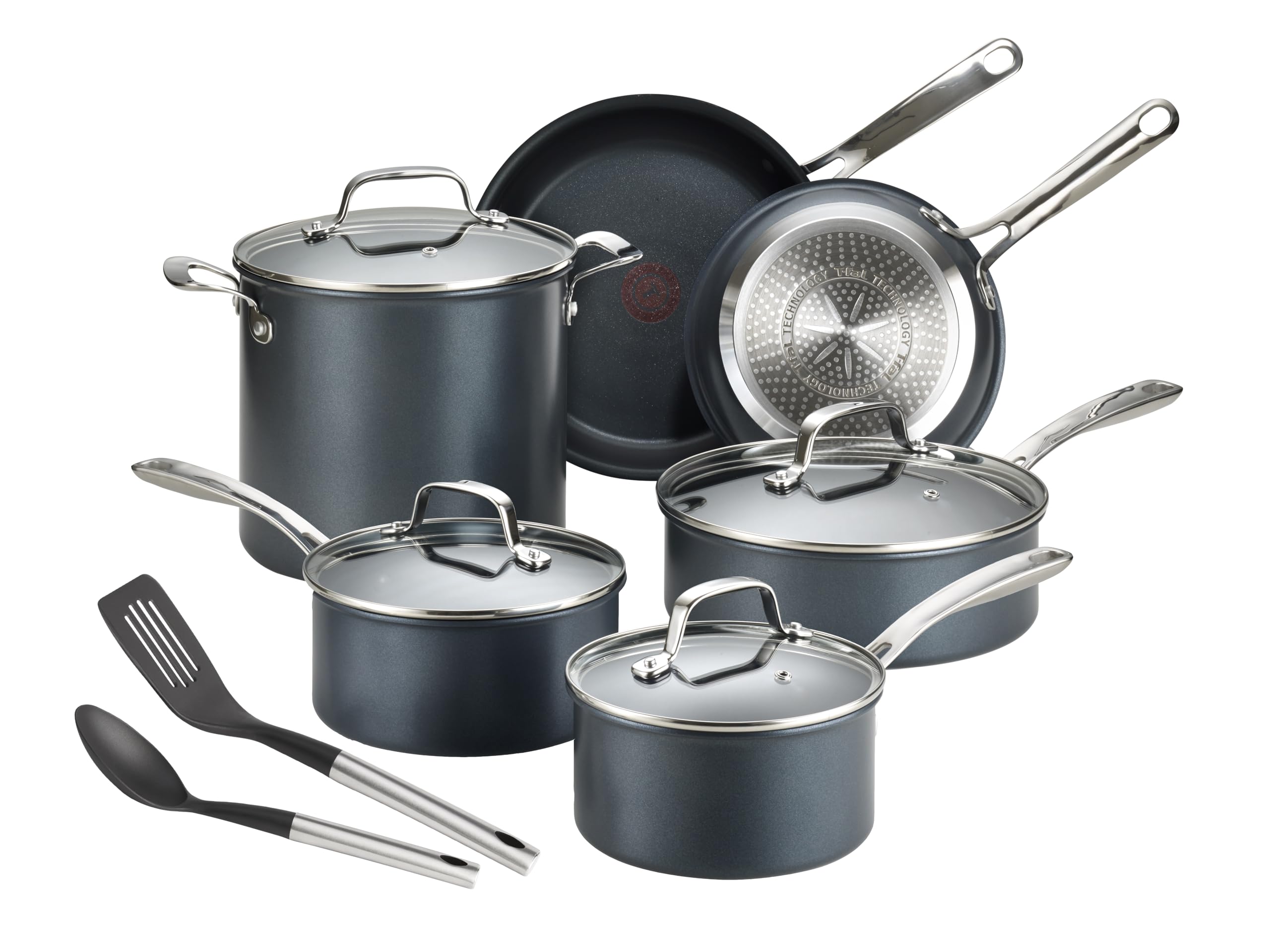 T-fal Platinum Non Stick Cookware Set 12-Piece - Induction Compatible, Oven & Broiler Safe to 500°F - Includes Fry Pans, Saucepans, Saute Pan, Dutch Oven & Utensils - Dishwasher Safe - Slate Gray - Perfect for Home Cooking, Professional Kitchens & Everyday Meal Prep