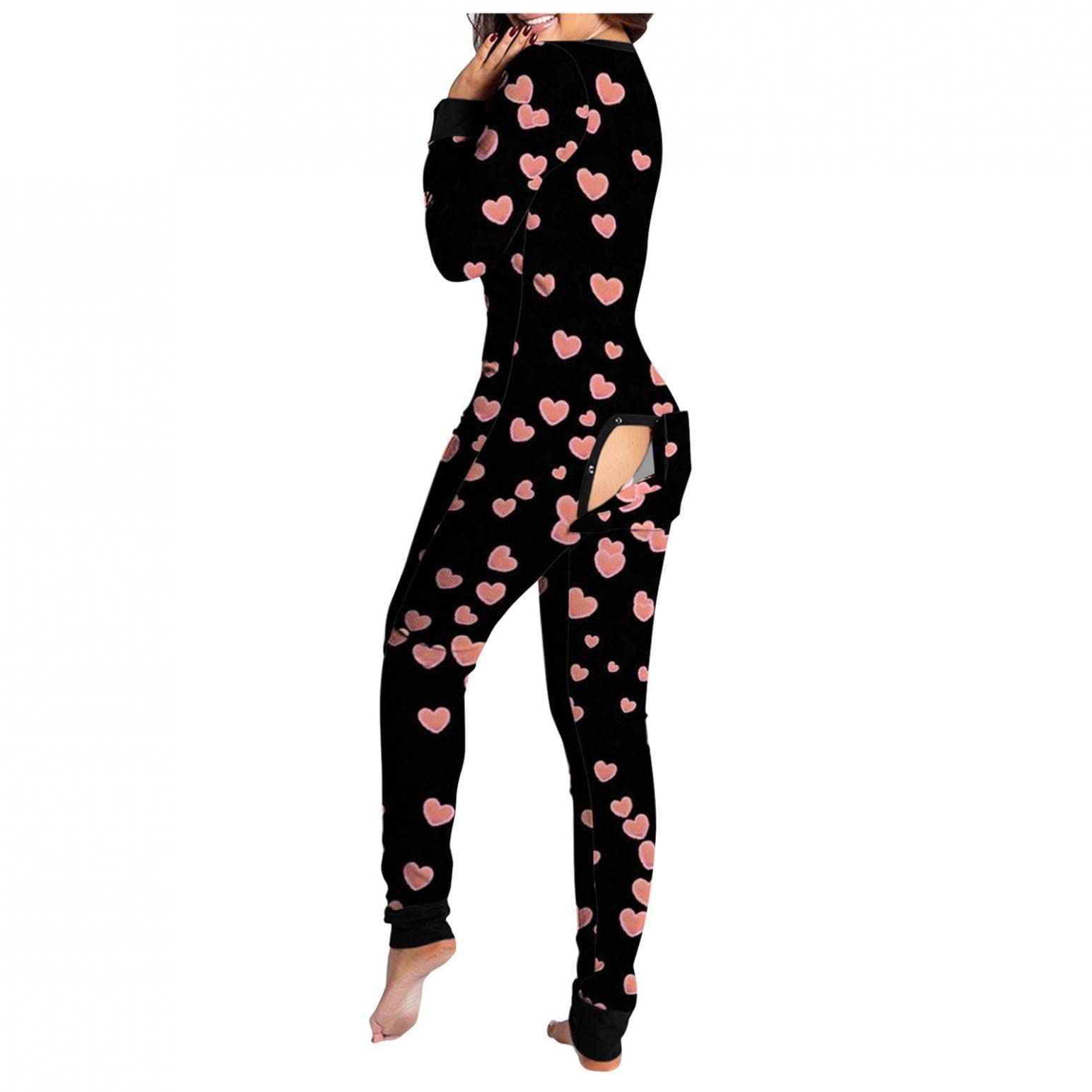 ORT Women's Sexy V-Neck Button-Down Front Jumpsuit with Functional Butt Buttoned Flap - Comfortable Pajamas & Sleepwear Romper for Lounge, Sleep & Casual Wear