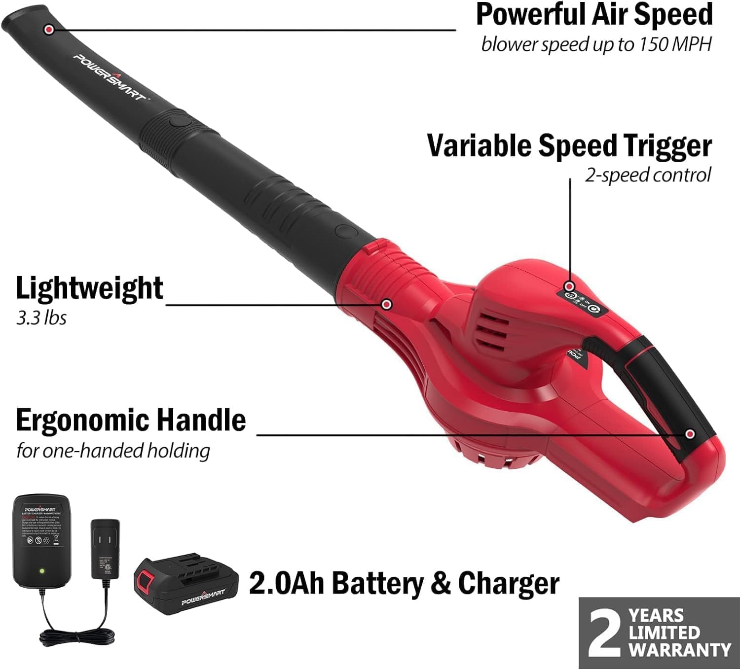 PowerSmart 20V Cordless Leaf Blower with 2.0Ah Battery & Fast Charger | Lightweight Handheld Blower for Yard, Gutter, Patio & Driveway Cleaning | 2024 Upgraded Model for Home & Garden Maintenance