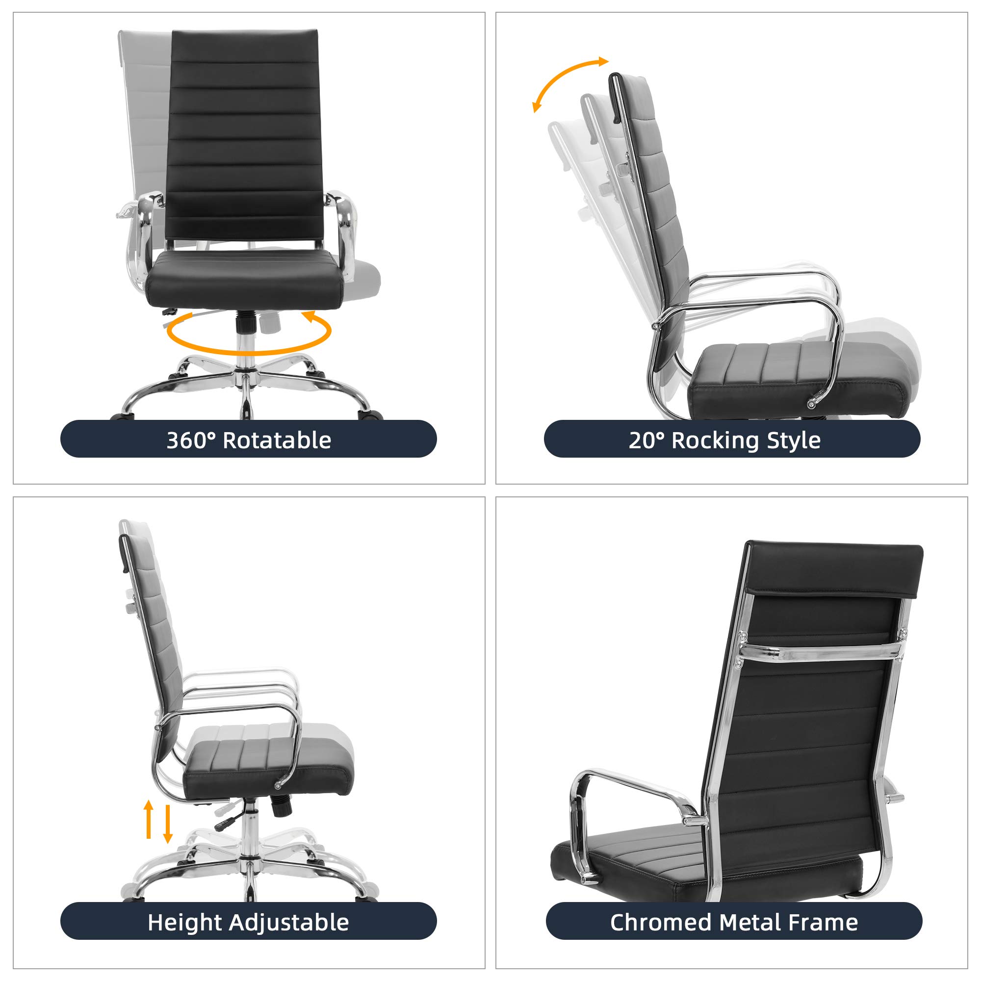 Premium LANDSUN High Back Executive Office Chair - Ergonomic Ribbed Leather Swivel Desk Chair with Adjustable Height, Wheels & Armrests - Ideal for Home Office, Conference Rooms & Task Workstations (Black)