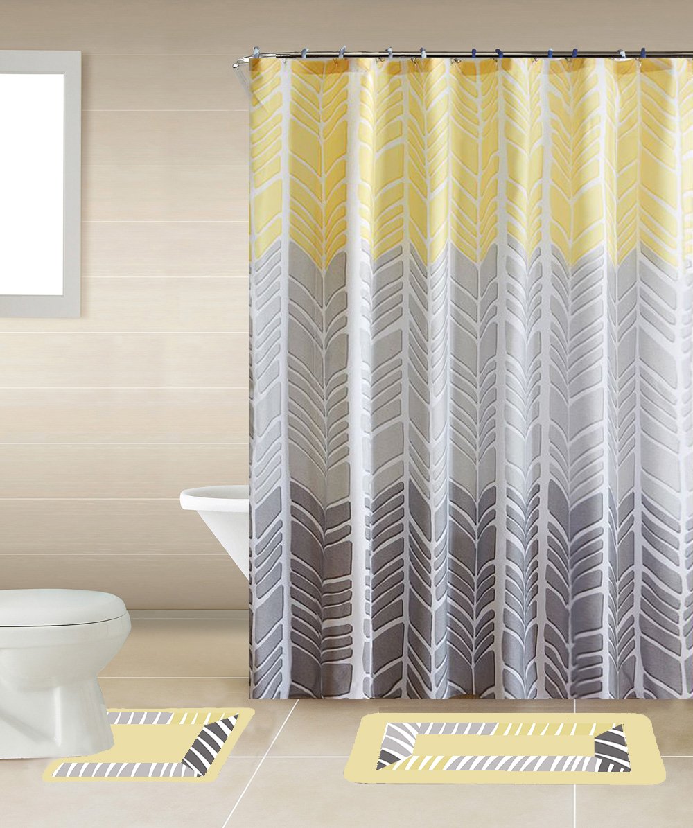 15-Piece Luxury Linen Bathroom Set - Non-Slip Bath Mats, Shower Curtain Hooks & Soft Rugs in Keena Yellow | Perfect for Modern Bathrooms, Spa-Like Retreats & Guest Suite Decor