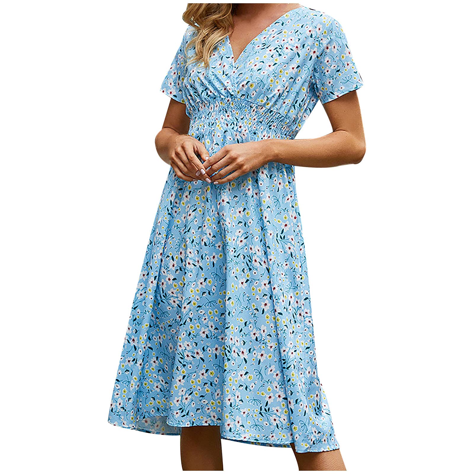 Women's Floral Summer Dress - Short Sleeve Midi A-Line Dress with Shirred High Waist & Flowy Swing Skirt | Perfect for Beach Vacations, Date Nights & Casual Outings