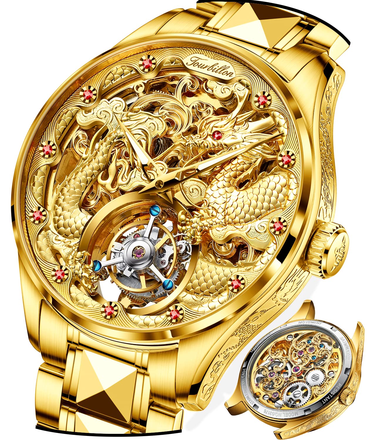 Luxury Men's Gold Tourbillon Mechanical Skeleton Watch with Sapphire Crystal - Business & Formal Wear - Perfect for Office, Gifts & Special Occasions