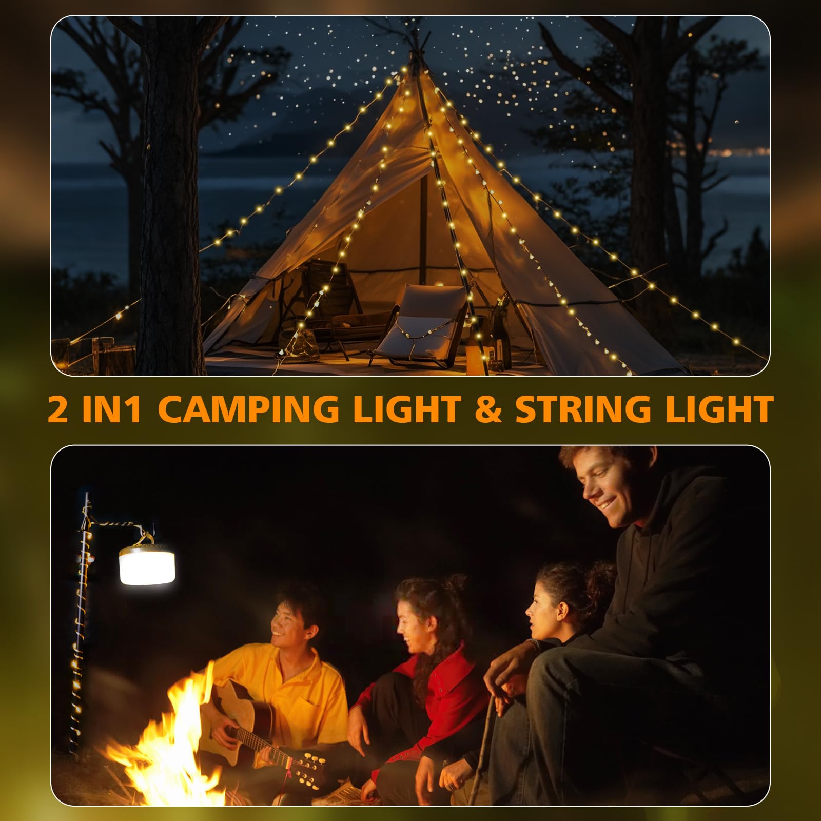 2-in-1 Waterproof Camping String Lights - 32.8FT with 8 Modes for Outdoor, Party & Christmas Decor