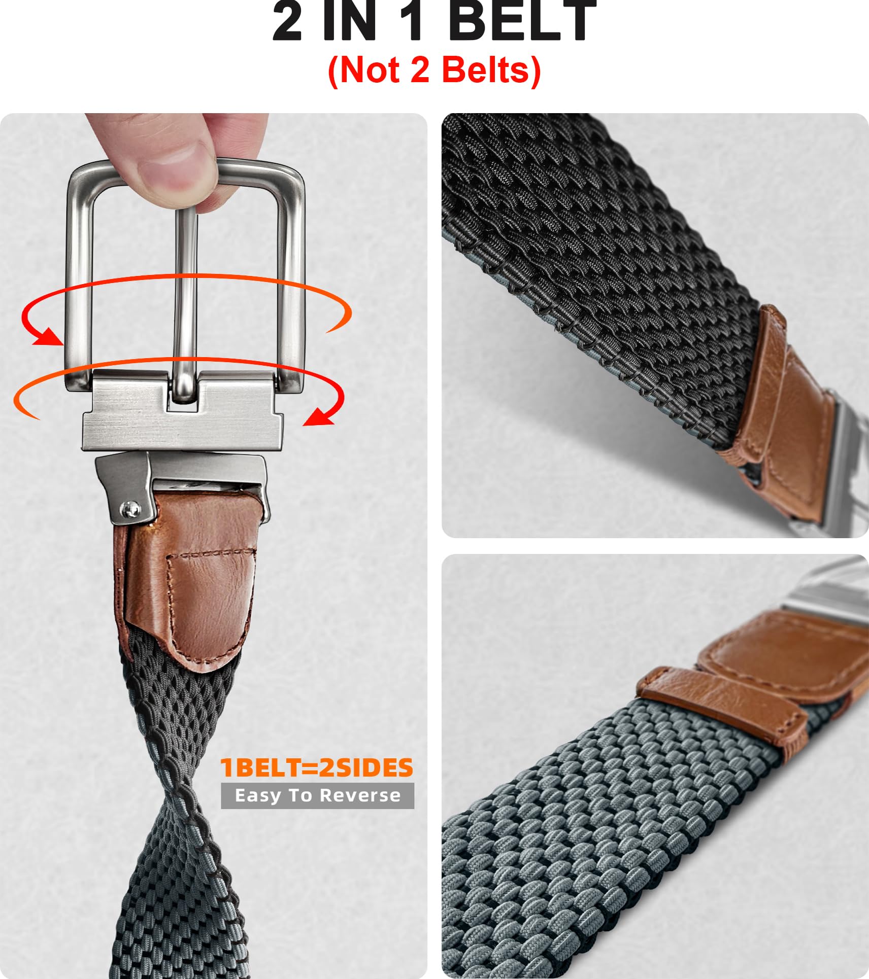 KEMISANT Reversible Braided Belt for Men - Stretchable Elastic Golf & Casual Belt - 2-in-1 Design (1 3/8