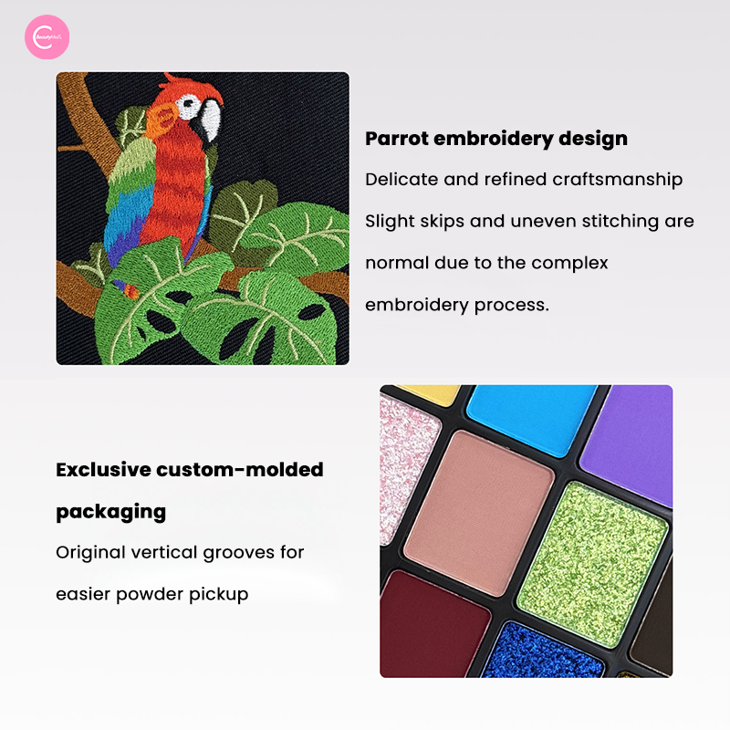 CHOIZ BEAUTY 12 Color Shimmer Eyeshadow Palette with Parrot Embroidery Design - Long Lasting Pigmented Makeup for Party, Wedding & Night Out Looks