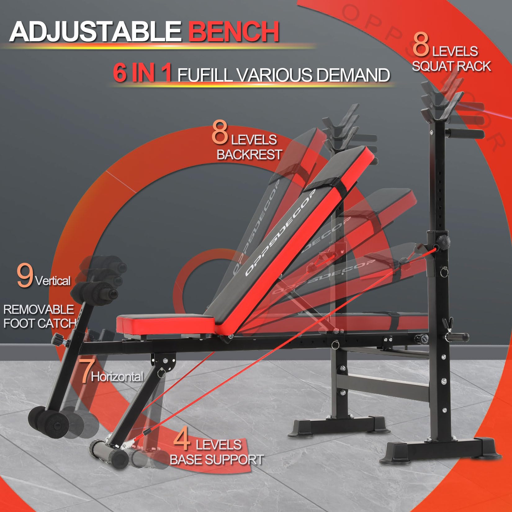 OPPSDECOR 8-in-1 Adjustable Weight Bench Set - 660lbs Capacity Olympic Workout Bench with Squat Rack, Leg Developer & Preacher Curl - Foldable Home Gym Equipment for Strength Training & Full Body Workouts