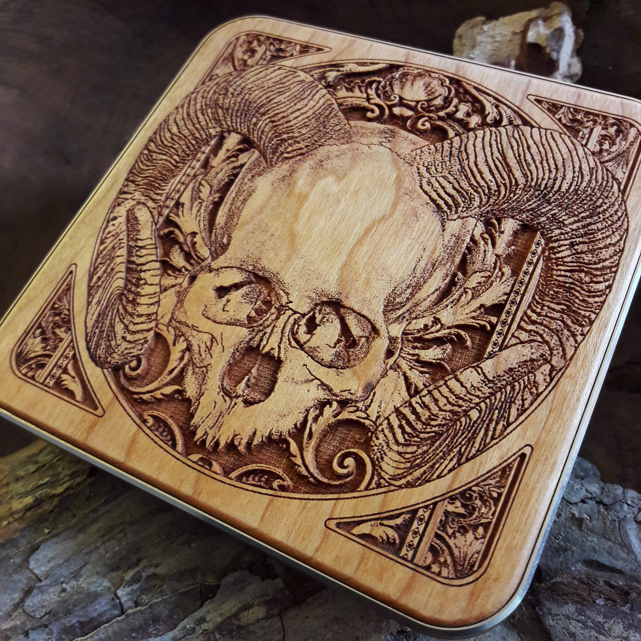 15W Fast Qi Wireless Charger Pad - Laser Engraved Ram Skull Design on Cherry Wood with Black Aluminum Base | Compatible with iPhone 16, Galaxy S25, S24 Ultra | Gothic Dark Art Home & Office Desk Decor | Perfect for Bedroom, Gaming Setup and Gift Giving