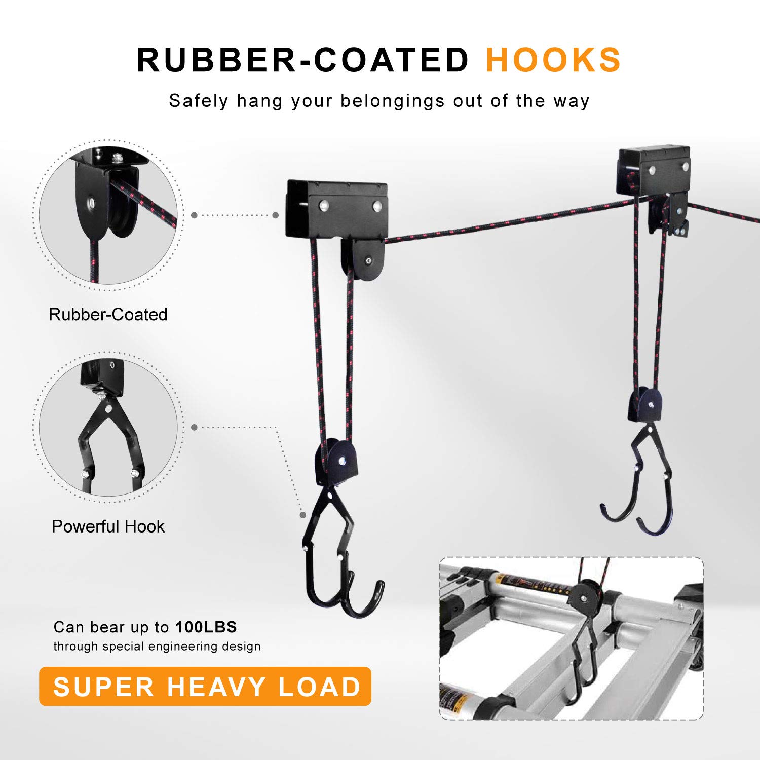 Onefeng Heavy Duty 100 lb Capacity Kayak Lift Hoist - Overhead Garage Storage System for Canoes, Bikes & Ladders | Space-Saving Solution for Kayak Storage, Bike Organization & Ladder Hanging