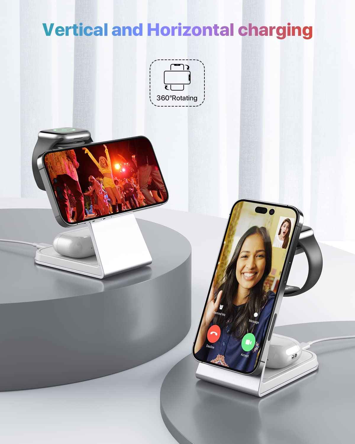 3 in 1 Magnetic Wireless Charging Station for iPhone 16/15/14/13 Series - 15W Fast MagSafe Charger Stand with Aluminum Alloy Base - Compatible with Apple Watch Series & AirPods 3/2/Pro - Perfect for Bedside, Office & Travel Charging