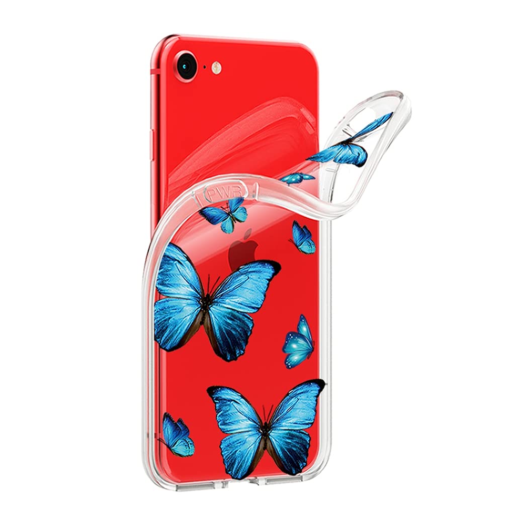 iPhone 6/6S Case - Clear Flexible TPU Bumper with Blue Butterfly Design | Soft Silicone Rubber Protective Cover | Perfect for Everyday Use, Work & Travel