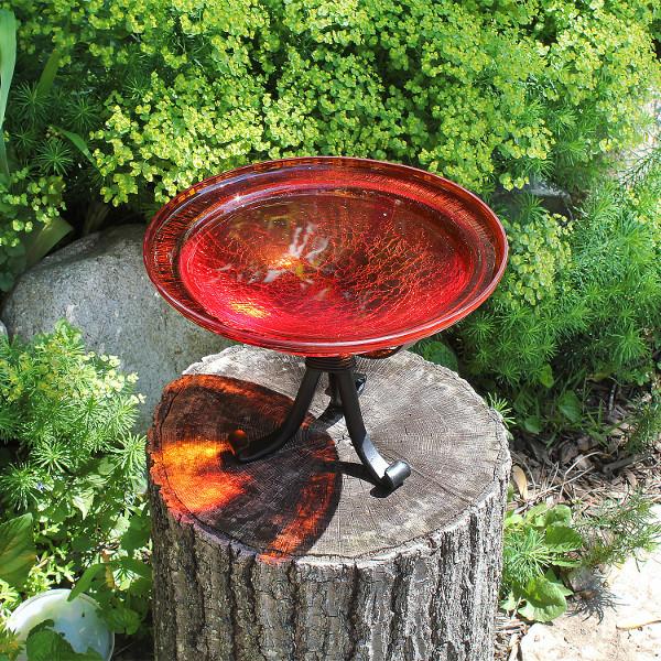 Red Crackle Glass Birdbath Bowl - Durable Outdoor Garden Decor for Birds - Perfect for Backyard, Patio & Wildlife Habitat